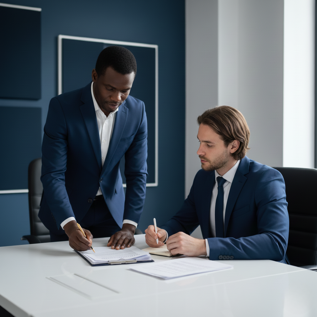 Solicitors discussing how to go about a client redundancy case during a meeting
