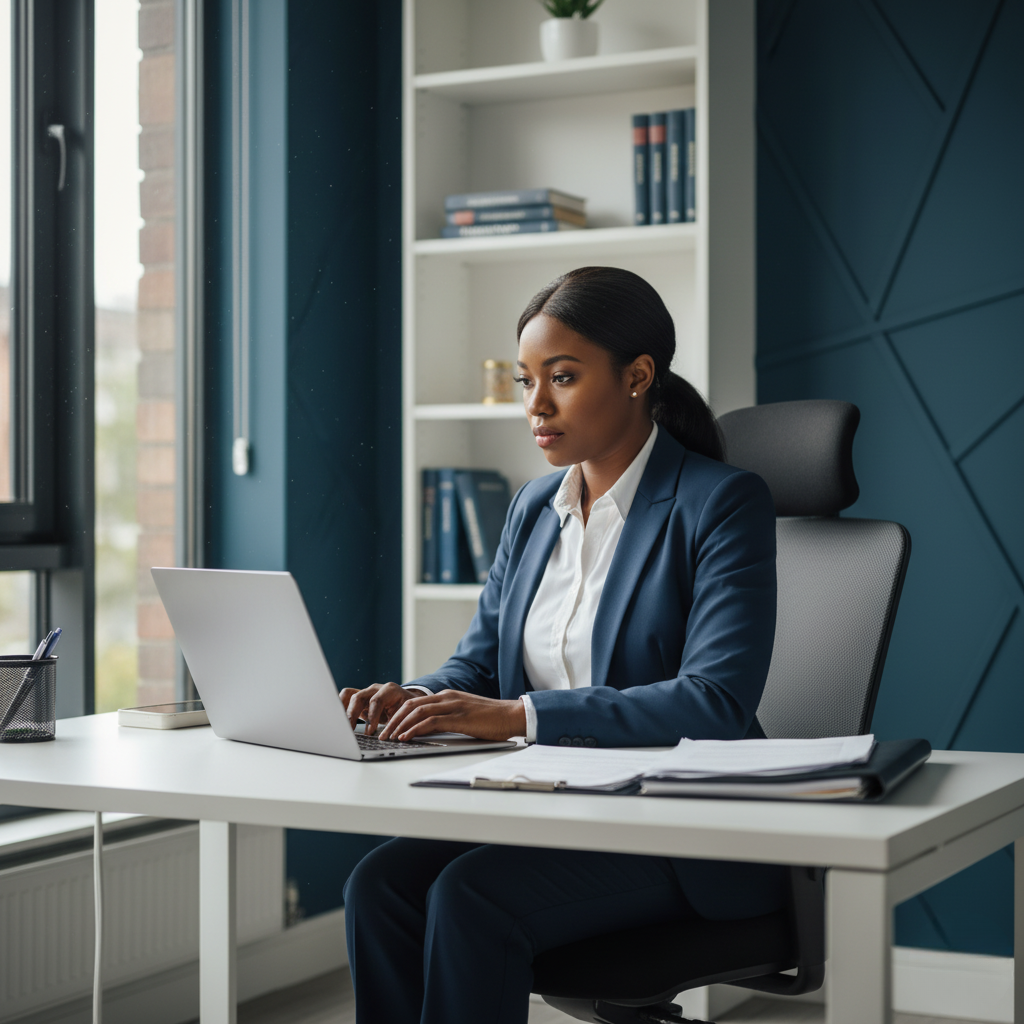 lawyer working on a whistleblowing case in her office